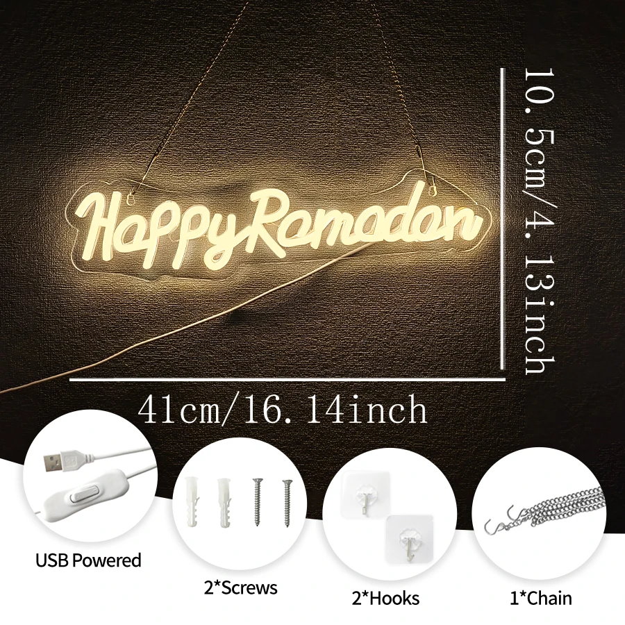 Happy Ramadan Neon Sign For Wall Decor,Led Neon Light For Art Wall Sign,Ramadan Mubarak Decorations,Eid Supplies,USB Powered