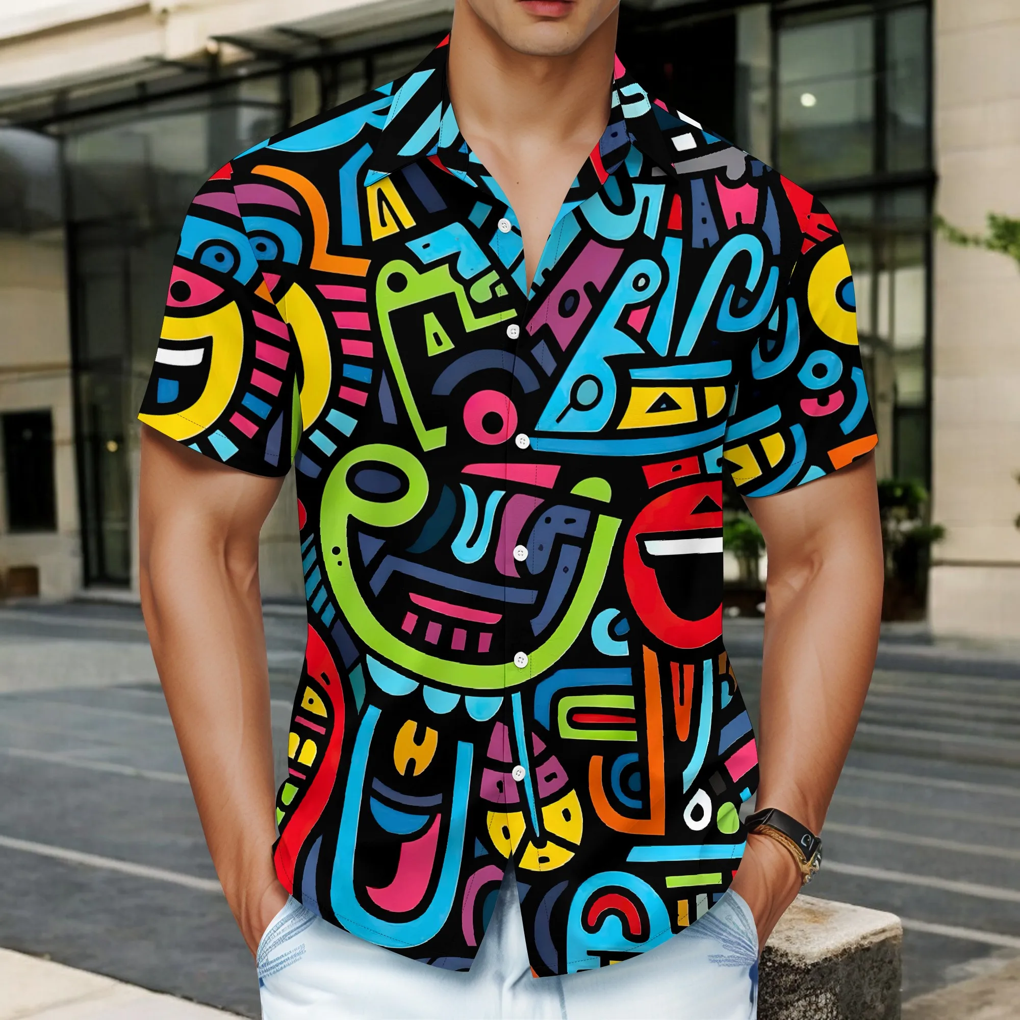 

YEAE Geometric Weave Pattern Print Shirt for Men Summer Casual Short Sleeve Top