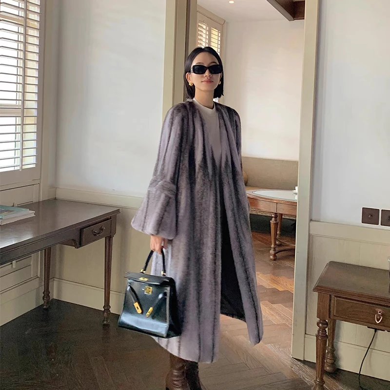 Ftangaiur Winter Coat For Women Import Cross Velvet Mink Fur Coat Women's Flare Sleeve X-Long Simplicity Real Mink Fur Coats