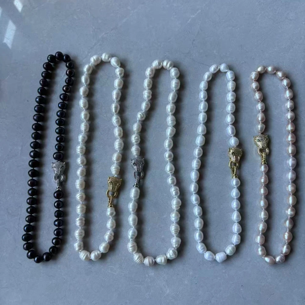 White Purple Black Cultured Pearl Necklace  Bracelet With Panther Puma Lock  Jewelry Sets for Women