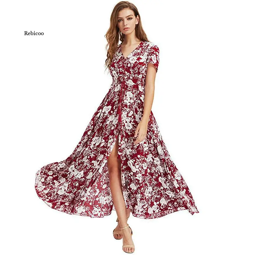 

Boho Floral Print Maxi Dress Summer Women Long Tunic Slim Beach Dress 2022 Loose V - Neck Short Sleeve High Waist Vestidos