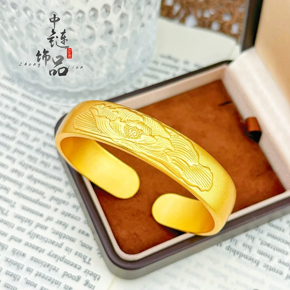 Chisel peony open bracelet new Chinese style peony wide face 9999gold