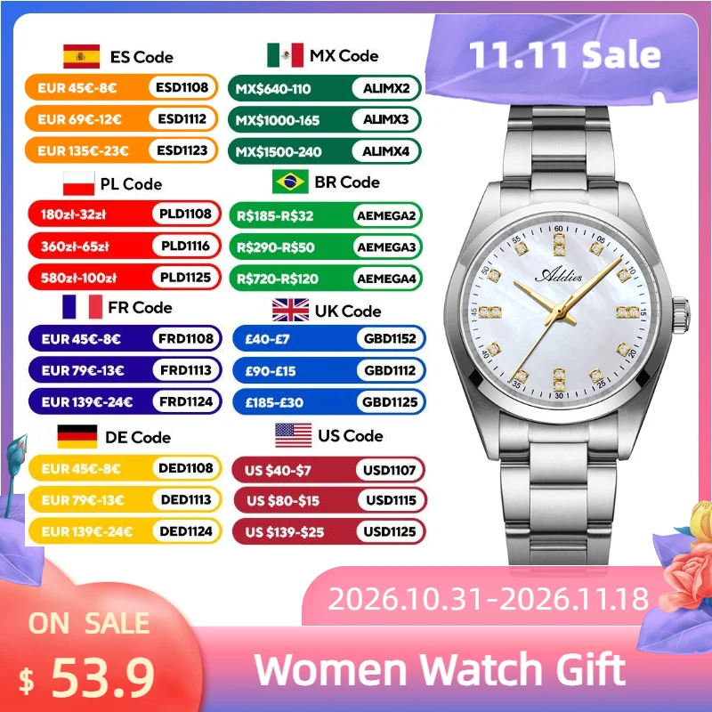 ADDIES 31mm Women Watch Sapphire Crystal Japan 2035 Quartz Steel Watch for Her 50m Waterproof Business Ladies Watches Gift