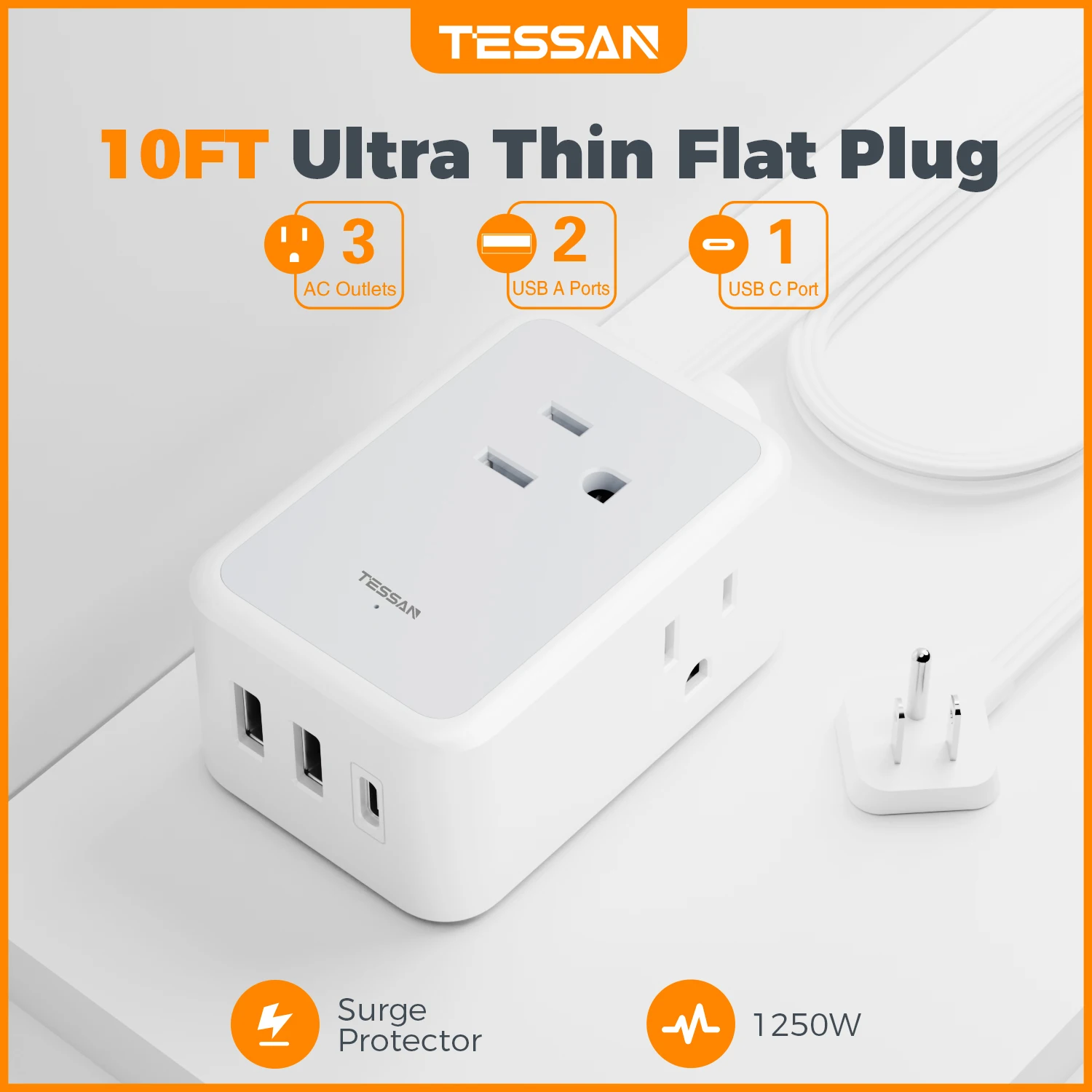 TESSAN Ultra Thin Flat Plug 6 in 1 Power Strip with 3 AC Outlets &3 USB (1 USB C),5 ft/10 ft Ultra Thin Flat Extension Cord