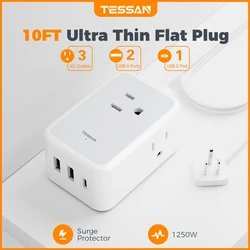 TESSAN Ultra Thin Flat Plug 6 in 1 Power Strip with 3 AC Outlets &3 USB (1 USB C),5 ft/10 ft Ultra Thin Flat Extension Cord