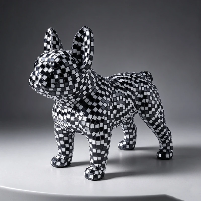 Resin Mosaic French Bulldog Statue Disco Mirror Checkered Dog Figurine Modern Home Decor Living Room Tabletop Ornament Gift