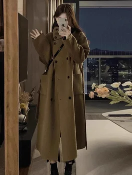 Casaco longo de lã feminino, casaco quente solto, casaco casual feminino, jaquetas de senhora do escritório, moda coreana, inverno, 2023