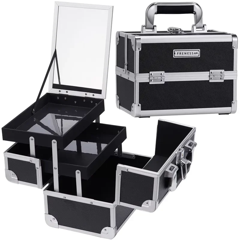 Portable Aluminum Cosmetic Case Mirror Makeup Organizer Travel Jewelry Storage Box 2 Layer Soft Handle for Women Girls Beauty