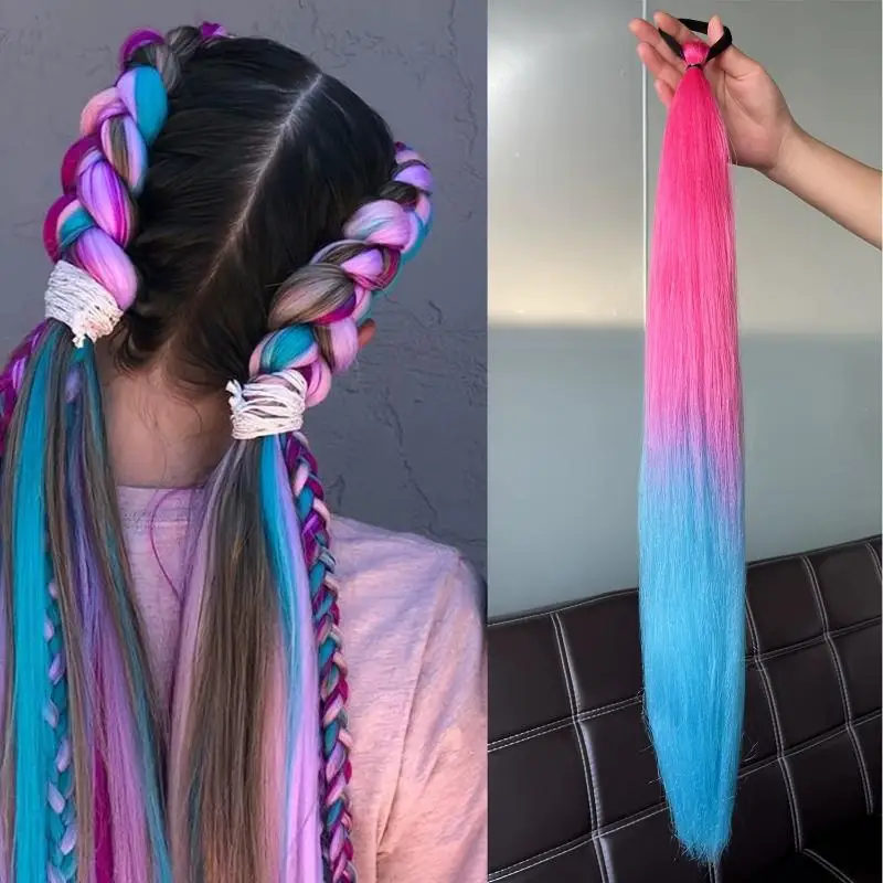 

2Pcs Synthetic Straight Ponytail With Elastic Hair Tie Colorful Braiding Ponytail Hair Extensions Hair Accessories For Women