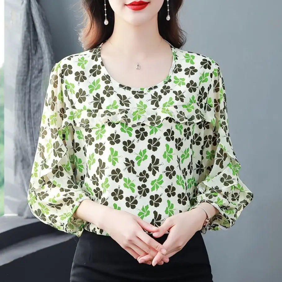 4XL Woman Spring Summer Style Chiffon Blouses Shirts Lady Casual Short Puff Sleeve O-Neck Polka Dot Printed Blusas Tops G2733