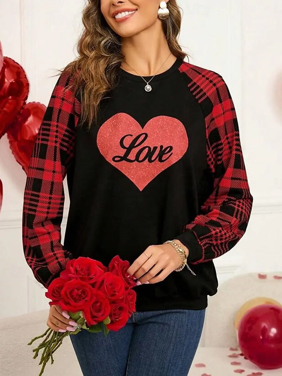 

Women's Sweatshirt Polyester Plaid Letter Valentine's Day Street Print Casual Crew Neck Long Sleeve Fall Winter Soft Fabric 2025