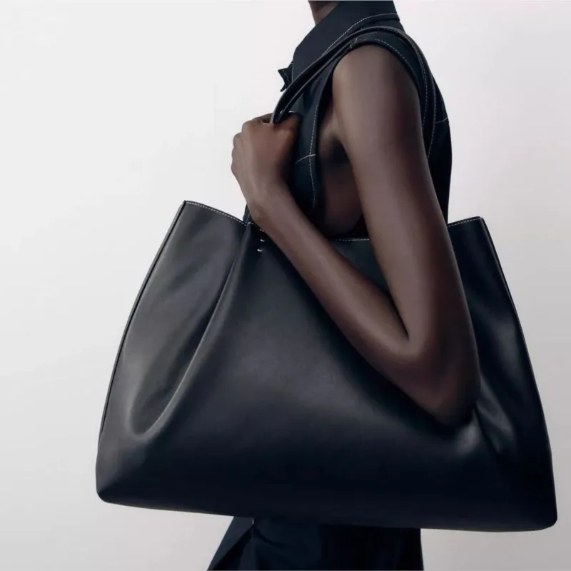 

Vintage Solid Color Tote Bag Women Wrinkle Stitching Leather Large Capacity Shoulder Bag Ladies Commute Casual Underarm Bag 2025