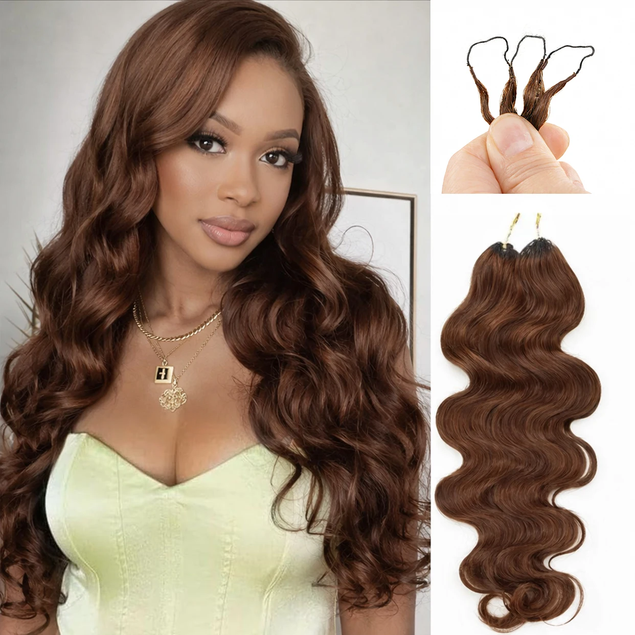 4# Drak Brown Body Wave Crochet Human Hair Pre-Separated Invisble Miracle Knot Braids Feather Crochet Hair Extensions Seamless