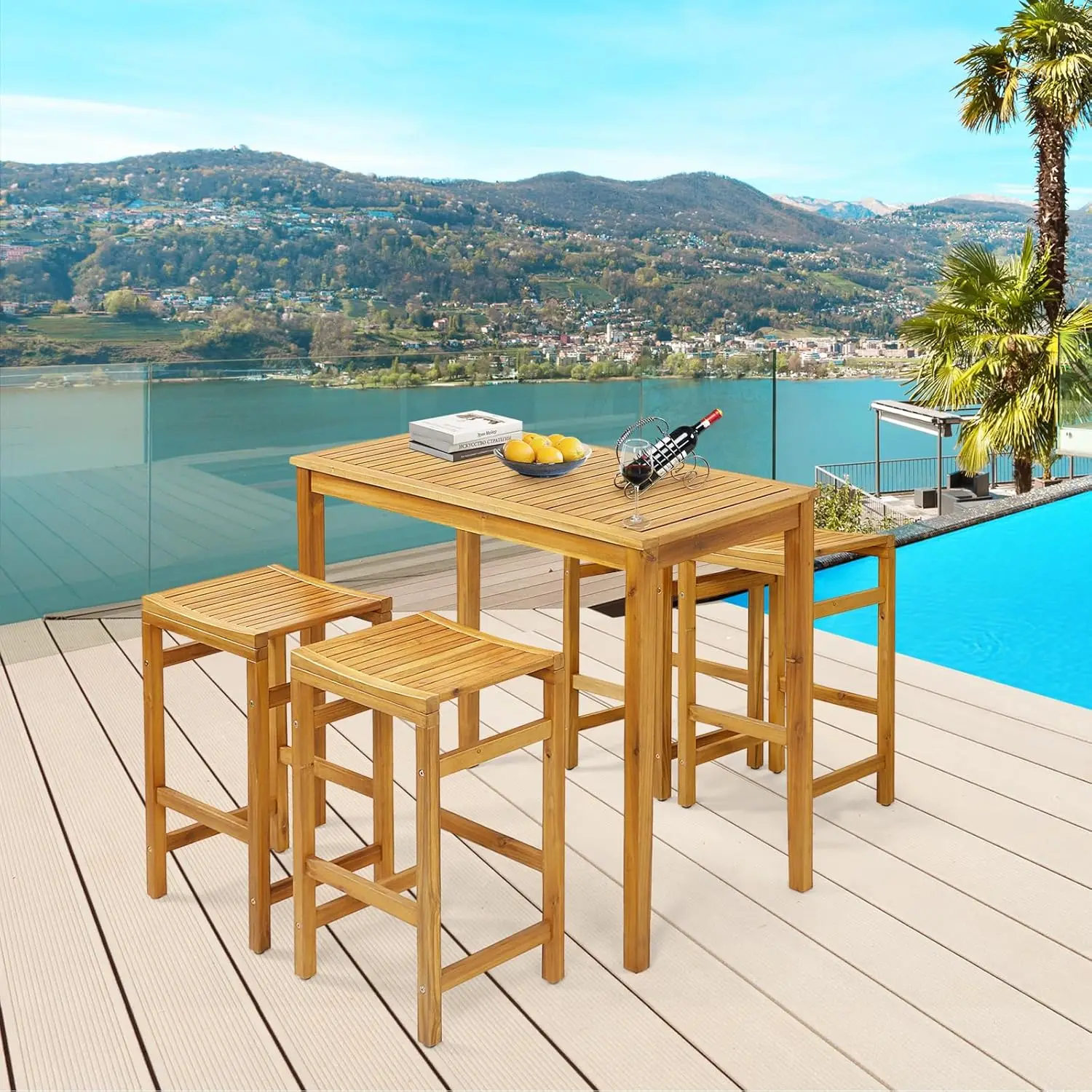 Tangkula 5 Piece Outdoor Acacia Wood Bar Table Set, 45