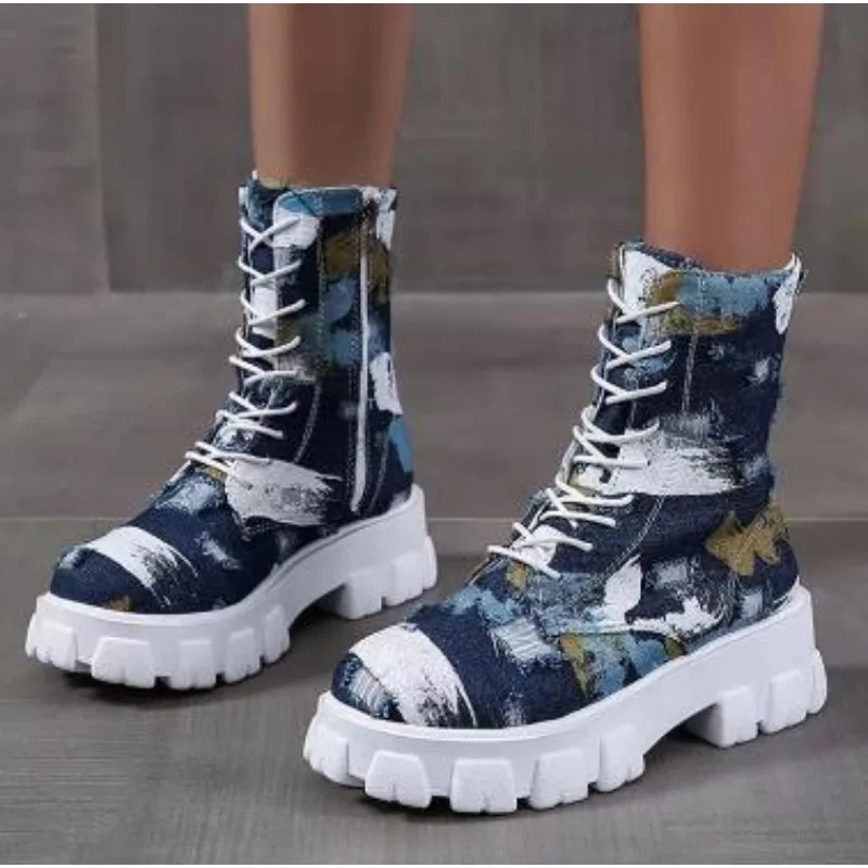 

New All-match Autumn Camouflage Mid-tube Boots Women's Canvas Sneakers High-tube Breathable Thick-soled Motorcycle Boots