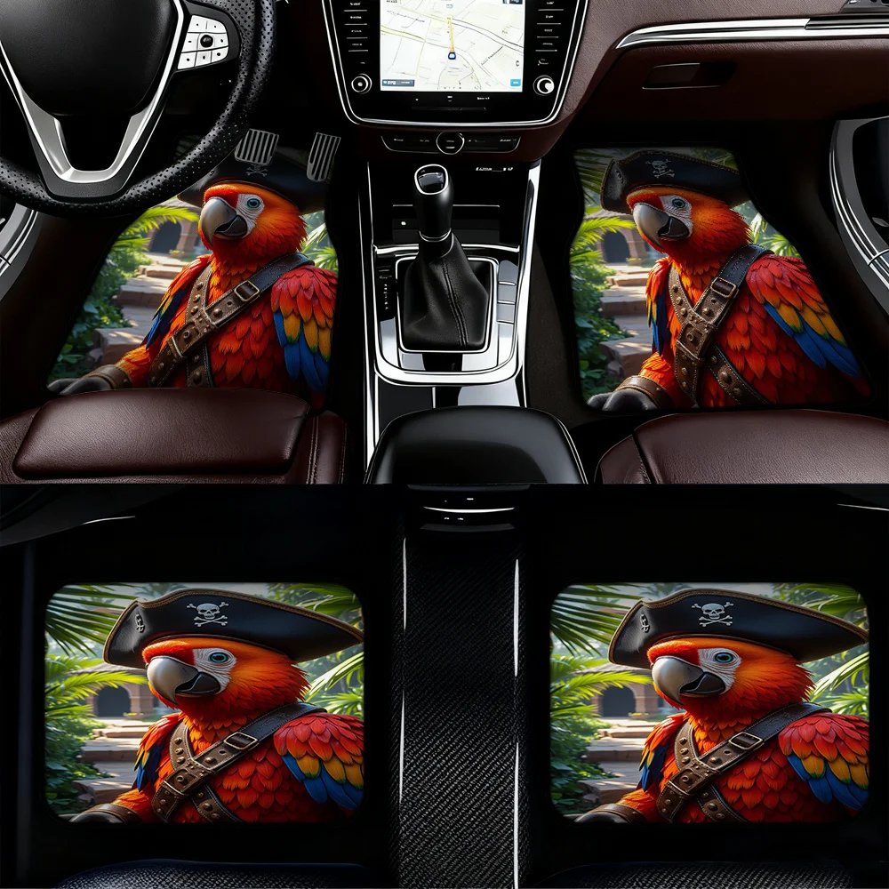 4pcs Car Floor Mats Highlighting Easy Maintenance Features, Designed For Sedans Or Minivans, Including Parrot Pirate Motif And T