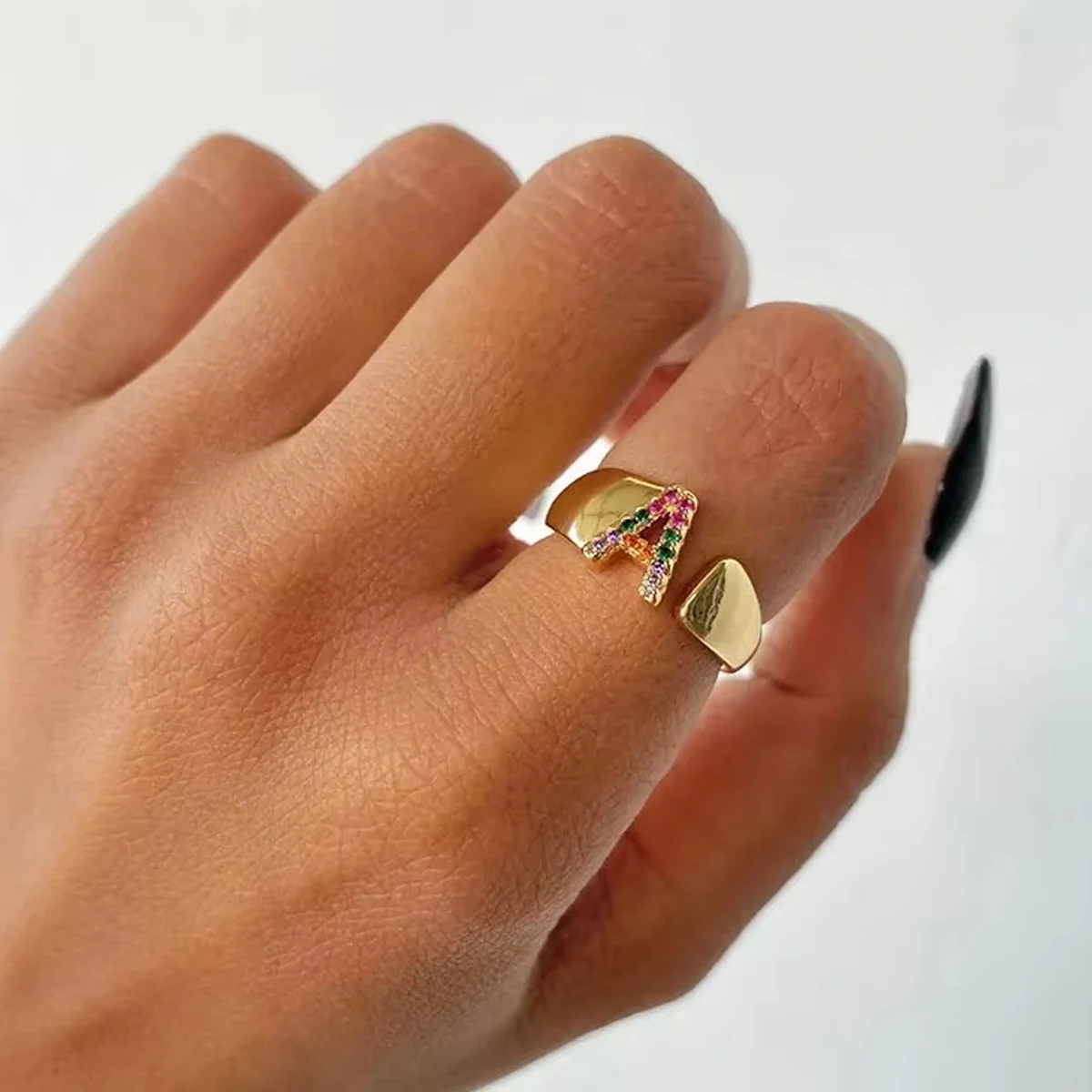 Multi Color Crystal Initial Letter Open Rings For Women Colorful Rhinestone Gold Plating Metal Finger Ring Fashion Jewelry Gift image 5
