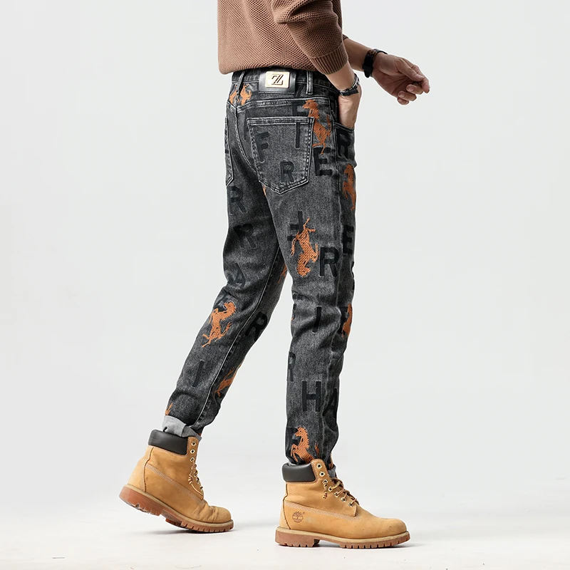 Street fashion jeans men's embroidery stretch ruffle handsome men's trousers Personalised patch Slim straight trousers