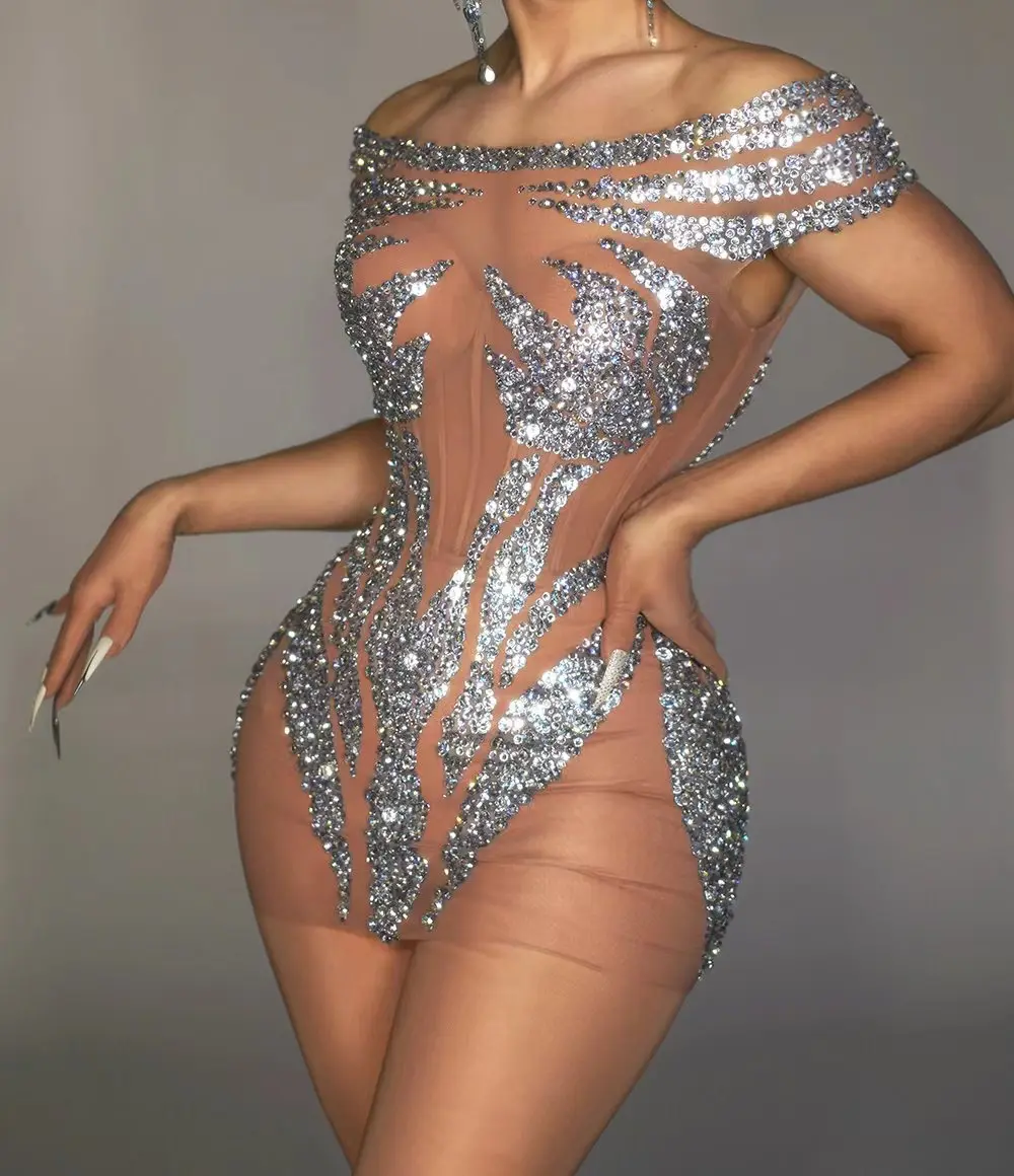 Flashing Small Diamond Sexy Off-The-Shoulder See-Through Sheath Dress Evening Party Performance Costume Singer Dancer Stage Wear