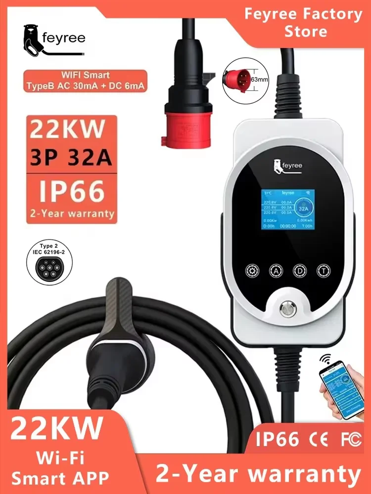 Feyree 22KW EV Tragbares Ladegerät 32A 3-Phasen Typ2 Kabel EVSE Wallbox Wi-Fi APP Smart Mobile Ladestation für Elektrofahrzeuge