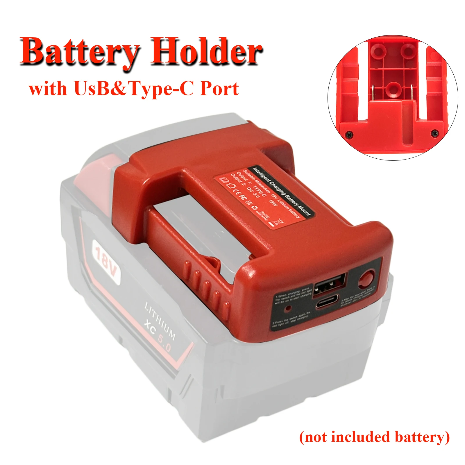 USB Charger Adapter for Milwaukee 18V Lithitum Battery Portable Type-C Port Fast Charging Battery St