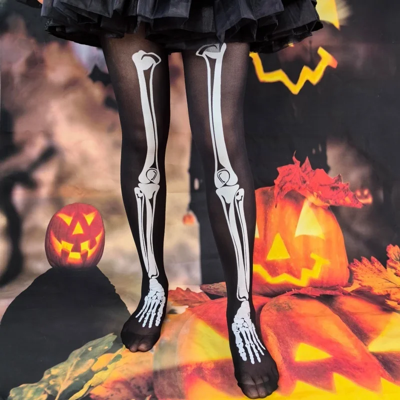 Harajuku Style Personalized Halloween Bone Skeleton Pantyhose Female Printed Black Silk Slim Disco Dancing JK Tights Women