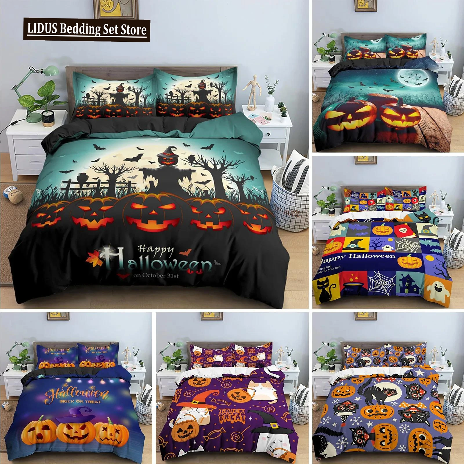 

Happy Halloween King Queen Duvet Cover Orange Pumpkin Bedding Set Kids Teens Adults Bats Horror Festival Polyester Quilt Cover