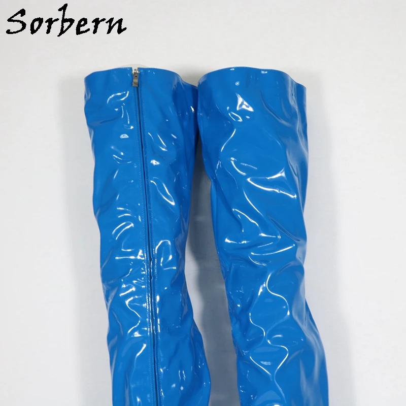 Sorbern Blue Patent Crotch Thigh Boots Women 20cm Block High Heel Platform Winter Style Cross Dresser Boot Unisex Custom