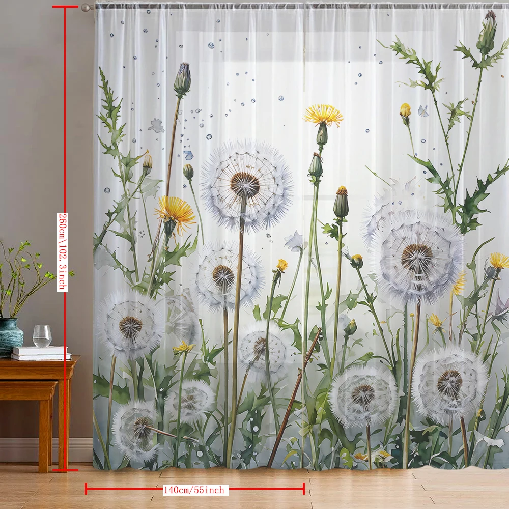 2PCS Home decoration printed window screens, dandelions, with pole bags, suitable for kitchens, cafes, and living rooms