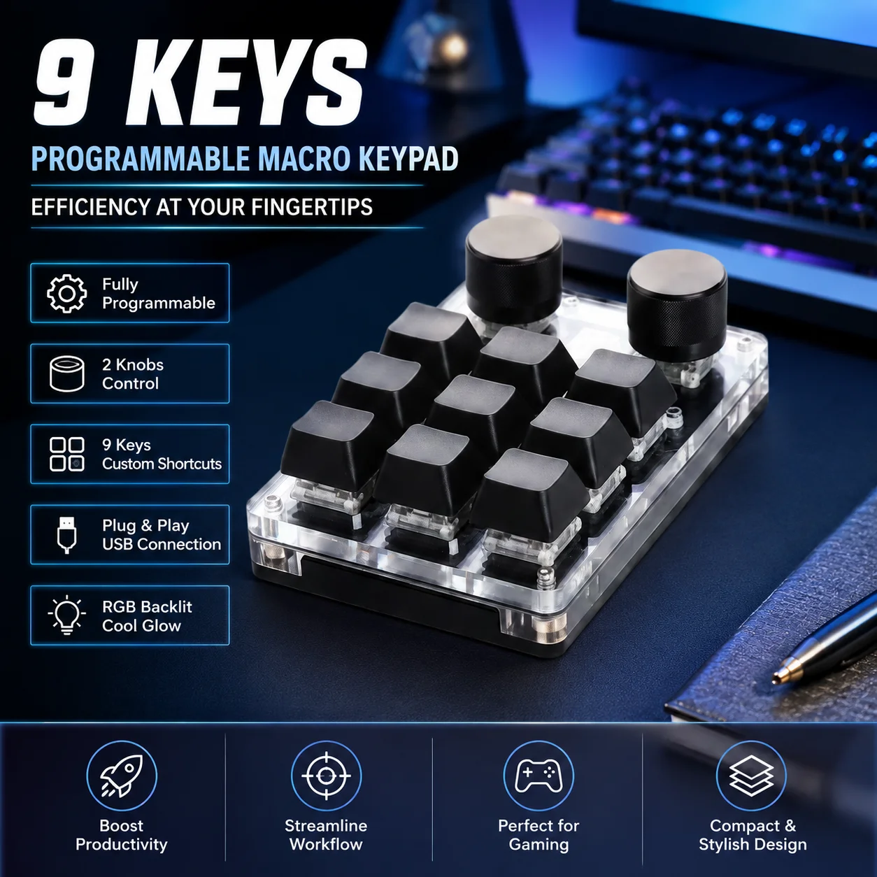 Teclado Mecânico Programável de 12 Teclas RGB, Teclado de Atalhos Personalizável com Botões, Teclado Gamer com Fio/Duplo Modo/Bluetooth
