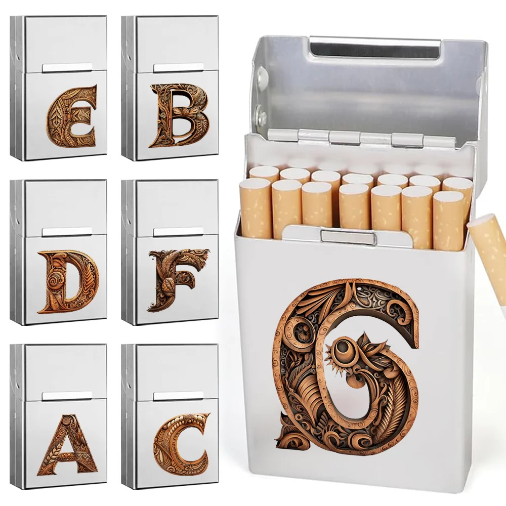 

Metal Cigarette Cigar Case Portable Smoke Box Organizer Outdoor Tobacco Storage Holder Pocket Container Wood Art Letter Pattern