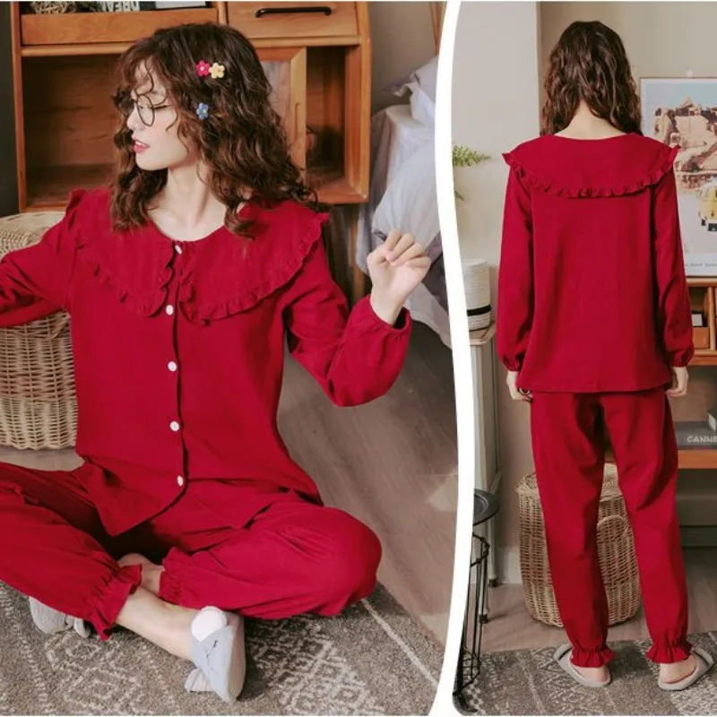 Pure Cotton Long Sleeved Pajamas Women Spring Autumn Winter Sleepwear Red Loose 100KG Home Clothing Set Plus Size Loungewear