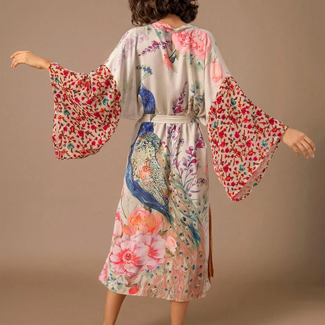 TEELYNN Casual Floral Print Cover-Ups Women Robe Vintage Gown Flare Sleeve Kimono Dress Boho Beach Wear Kaftan Summer Vestidos