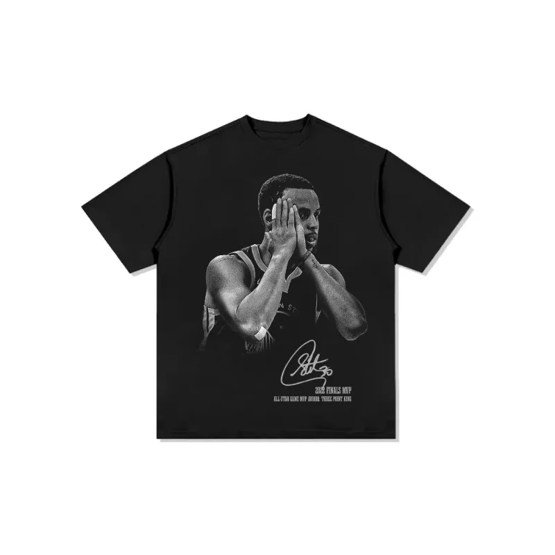 American Hip Hop Curry Signature Action Night Retro Printed T-shirt for Men and Women Retro Fashion Short Sleeve Top