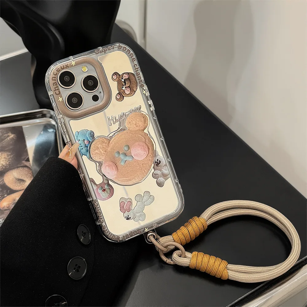 Koreanische süße Cartoon Cookie Bär Make-up Spiegel Telefon Fall für iPhone 16 15 14 13 12 Pro Max mit Halter stoßfest zurück Abdeckung