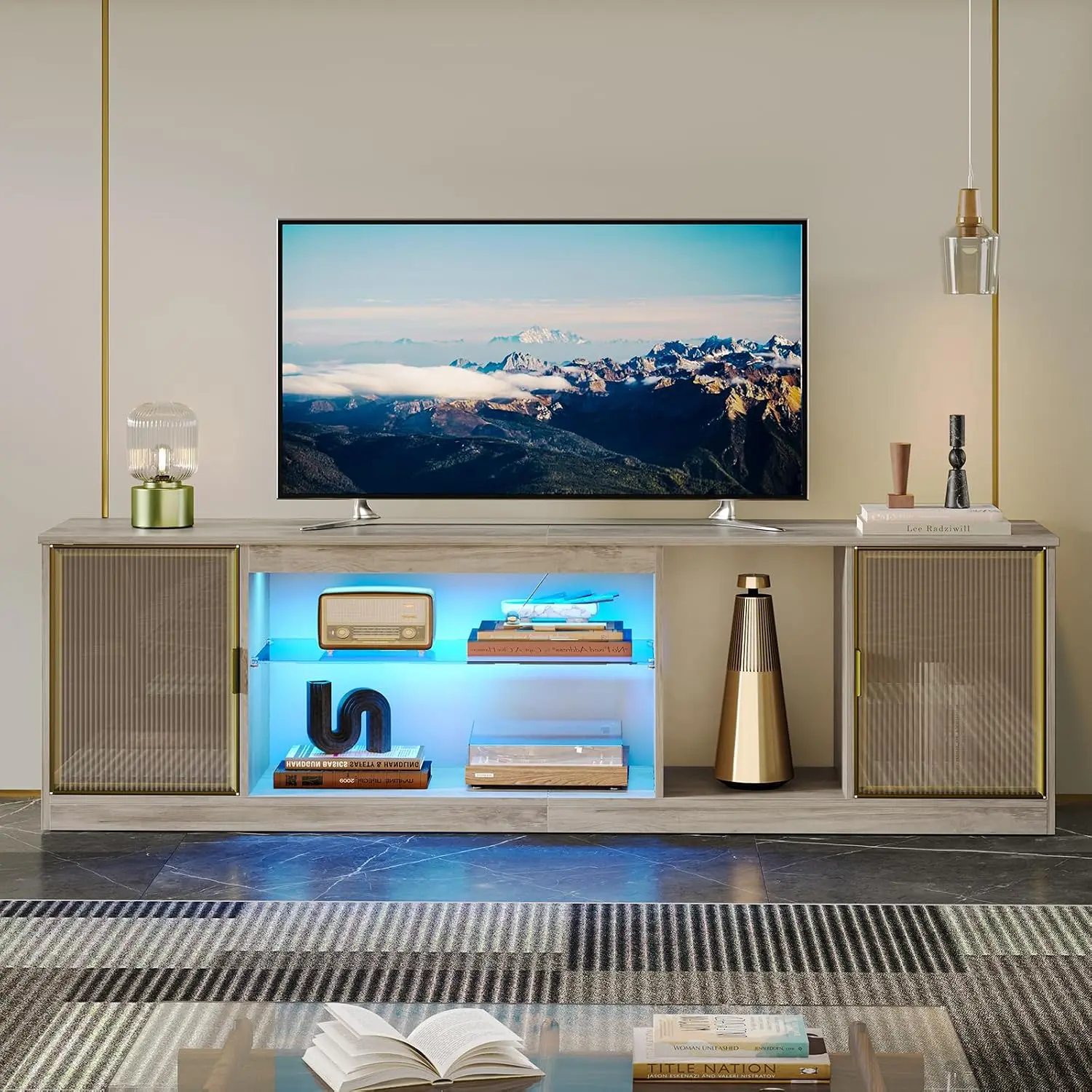 Gray 70 Inch TV Stand for 80 Inch TVs, RGB LED Entertainment Center with Glass Shelves & Acrylic Doors,Customized
