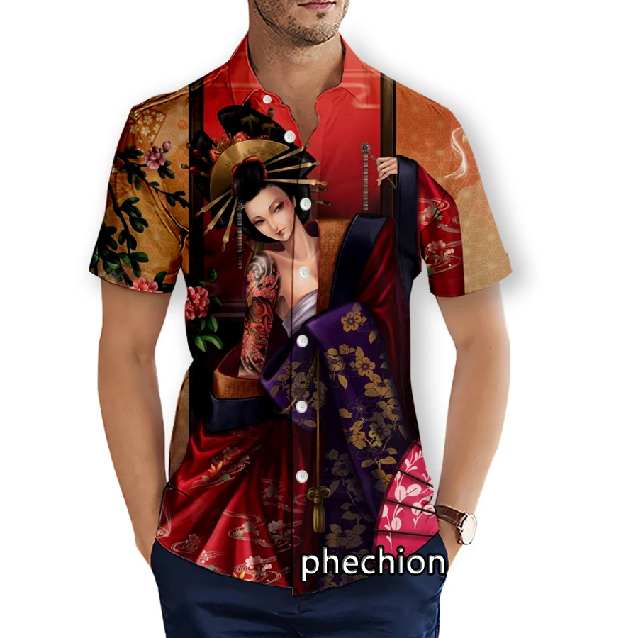 

phechion Summer Mens Short Sleeve Beach Shirts Japanese Geisha Samurai 3D Printed Casual Shirts Fashion Streetwear Men Tops X120