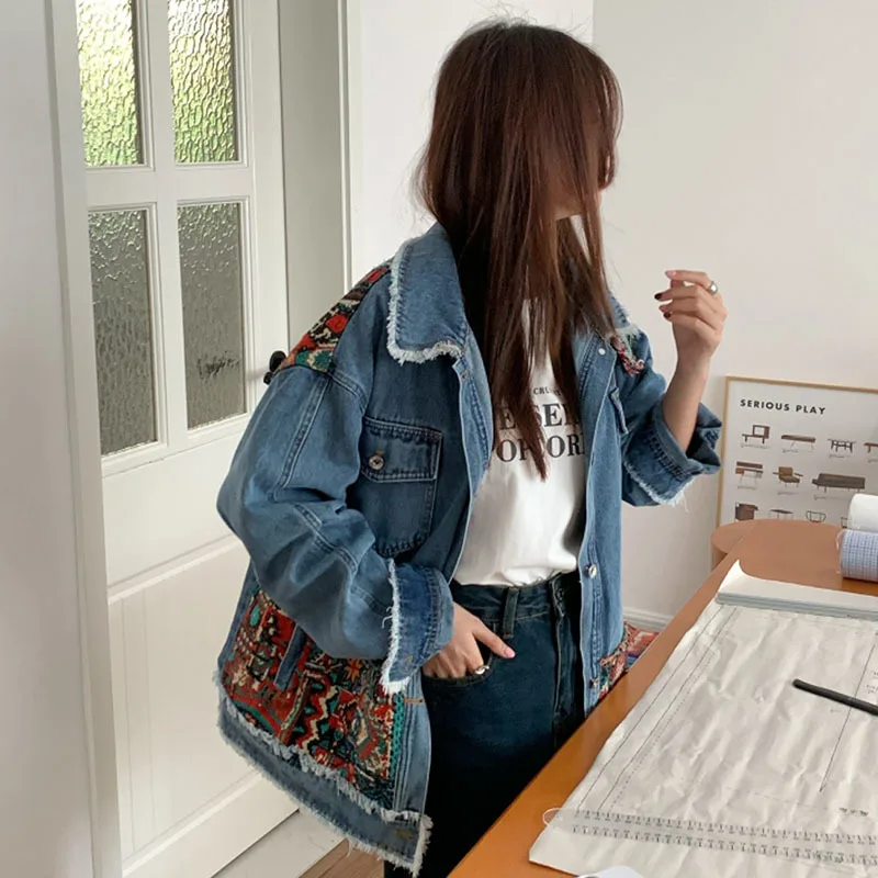 Spring Harajuku Vintage Ethnic Style Blue Short Denim Coat Women Contrast Color Patchwork Casual Lapel Long Sleeve Jeans Jacket