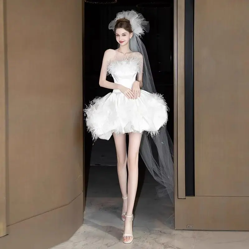 A8229 럭셔리 스트랩리스 파티 드레스 프롬 의상 스윗 메모리 프린세스 숏 볼 가운 화이트 드레스 여성 섹시 웨딩 드레스