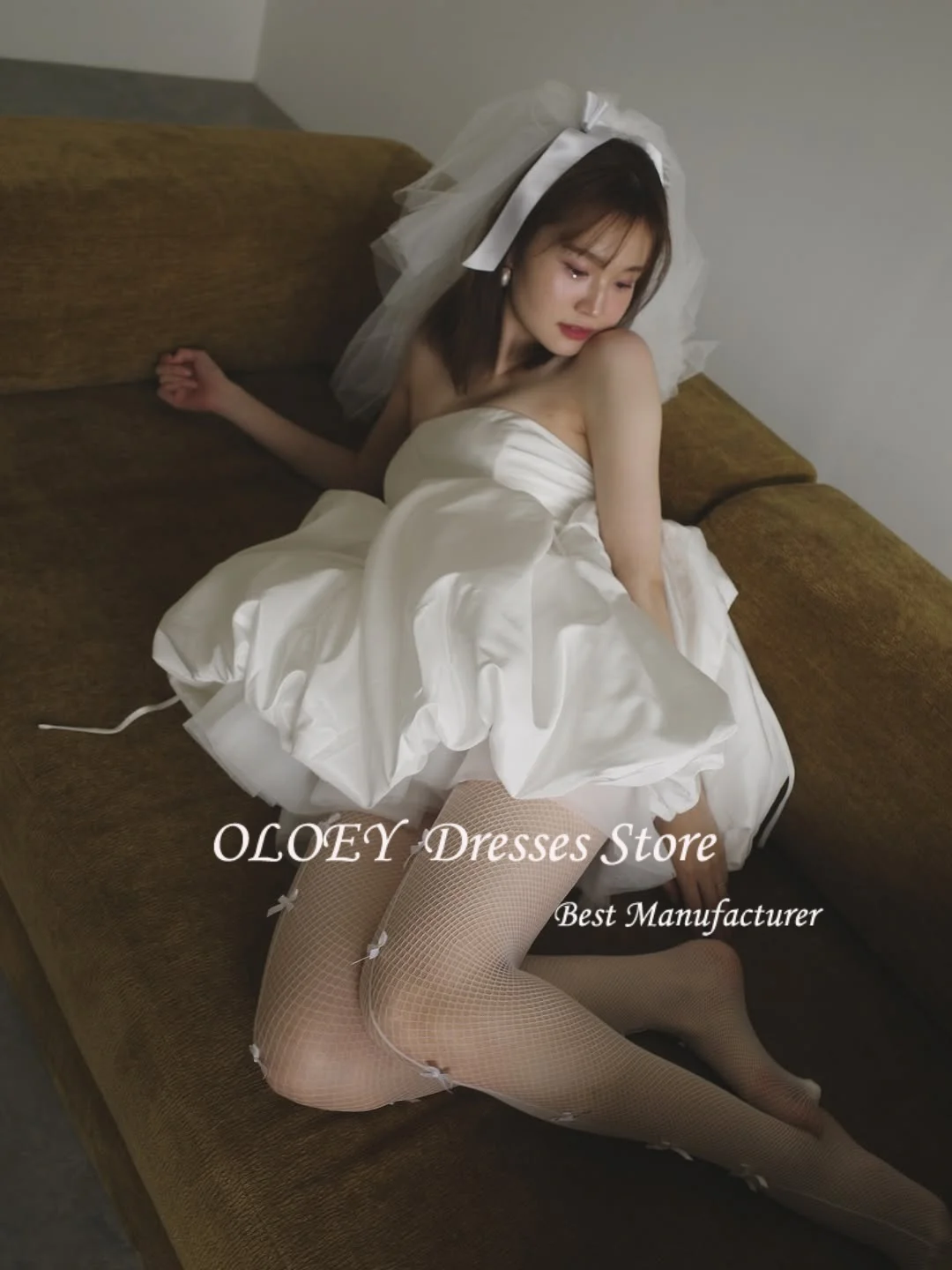 OLOEY Puffy Skirt Korea Wedding Dress Photo Shoot Simple A Line Mini Short  Formal Party Receiption Dresses Strapless ウェディ