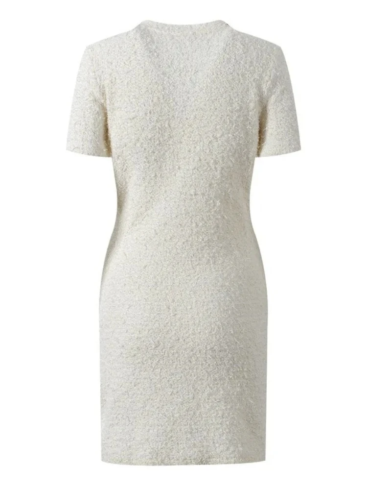 Luxury Brand 2026 Autumn and Winter New French Socialite Light Luxury Diamond Decoration Round Neck Slim Fit Short Sleeved Dress