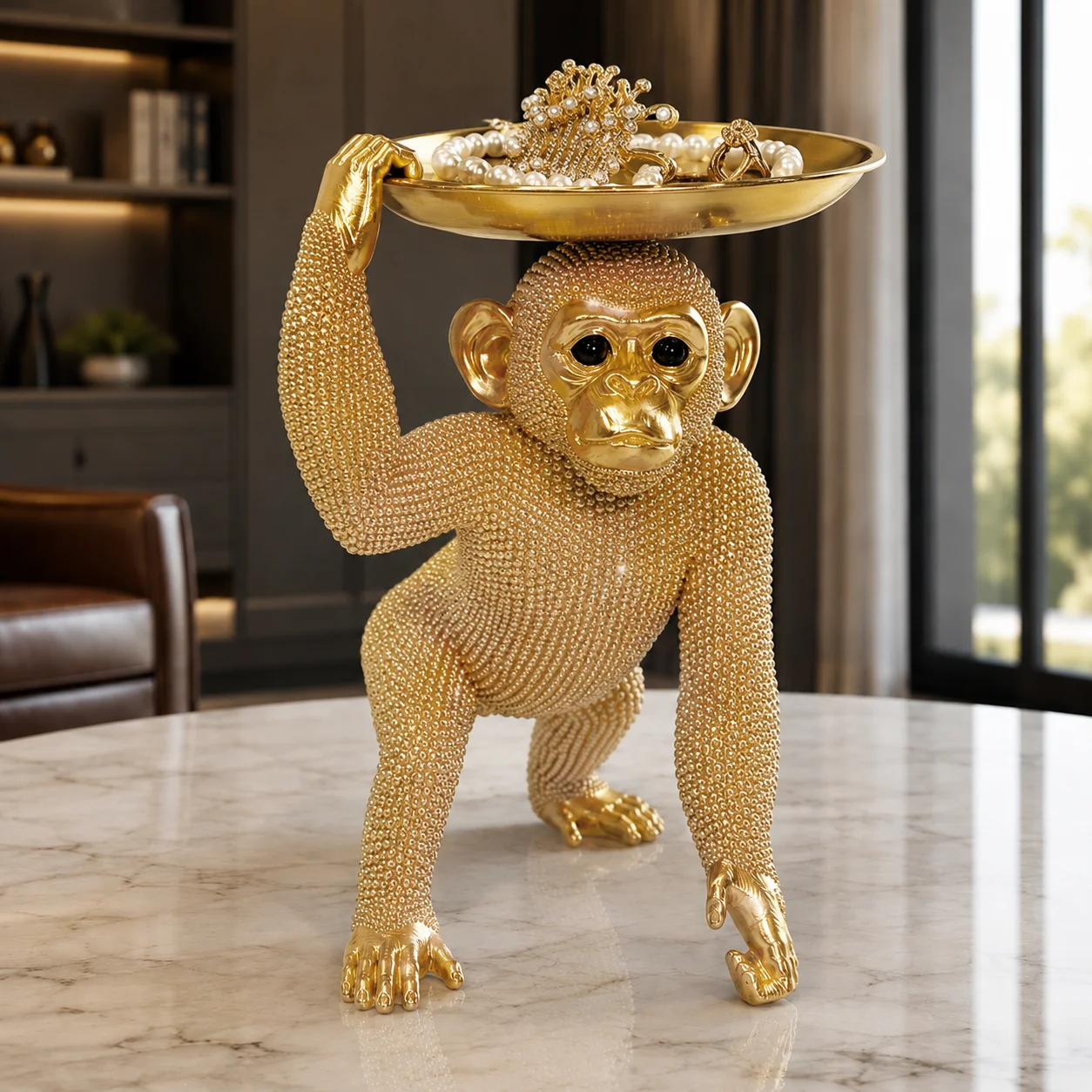 1PC Gold Gorilla Resin Storage Tray Crystal Beaded Monkey Statue Jewelry Dish Decorative Figurine for Living Room Office Gift
