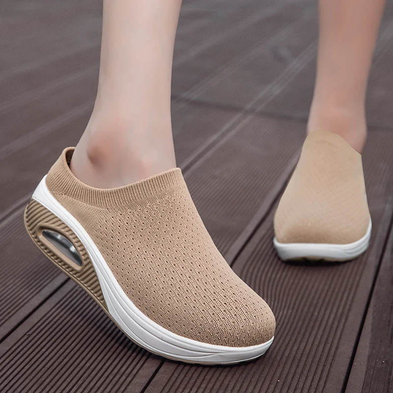 Women Walking Shoes 5CM Heels Mesh Slippers Loafers Summer Sports Outdoor Light Breathable Fitness Sneakers Big Size 35-43