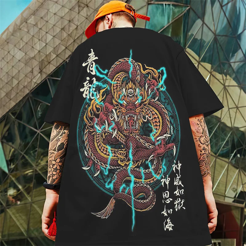 Retro T-Shirts For Men 3d Japanese Dragon Print Male Clothing Summer Casual Short Sleeved Oversized T-Shirt Street Harajuku Tees