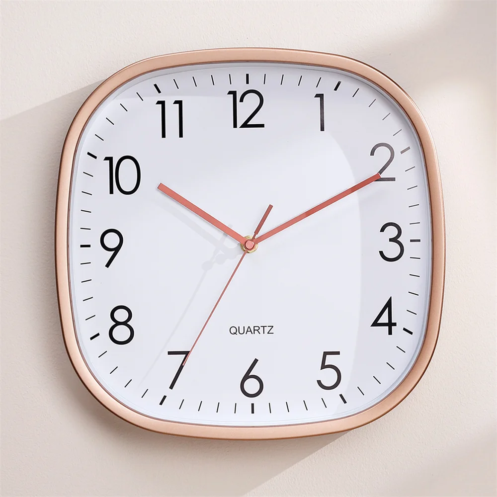 Living Room Rose Gold Frame Wall Clock 12inch Silent Square Corner Luminous Home White Clock Wall Big Number Wholesale Watch