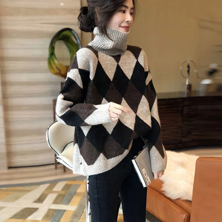 Pull Femme Fall Winter Vintage Retro Jumper Turtleneck Hit The Color Rhombus Knitted Sweater Loose Casual Women Pullover