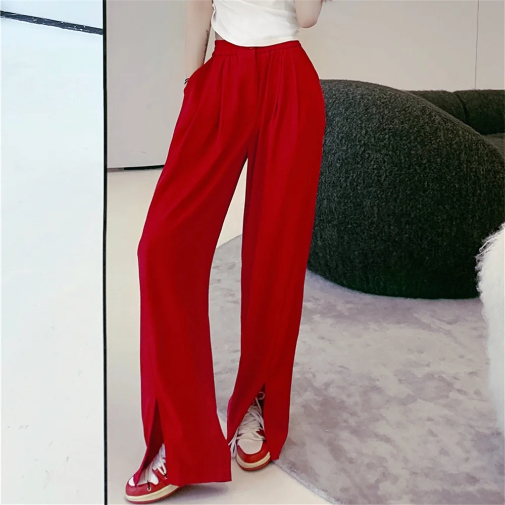 

Chiffon Full Length Pants Women Straight Solid High Waist Spring New 2023 Summer Wide Leg Work Wear Loose Minimalist Slim