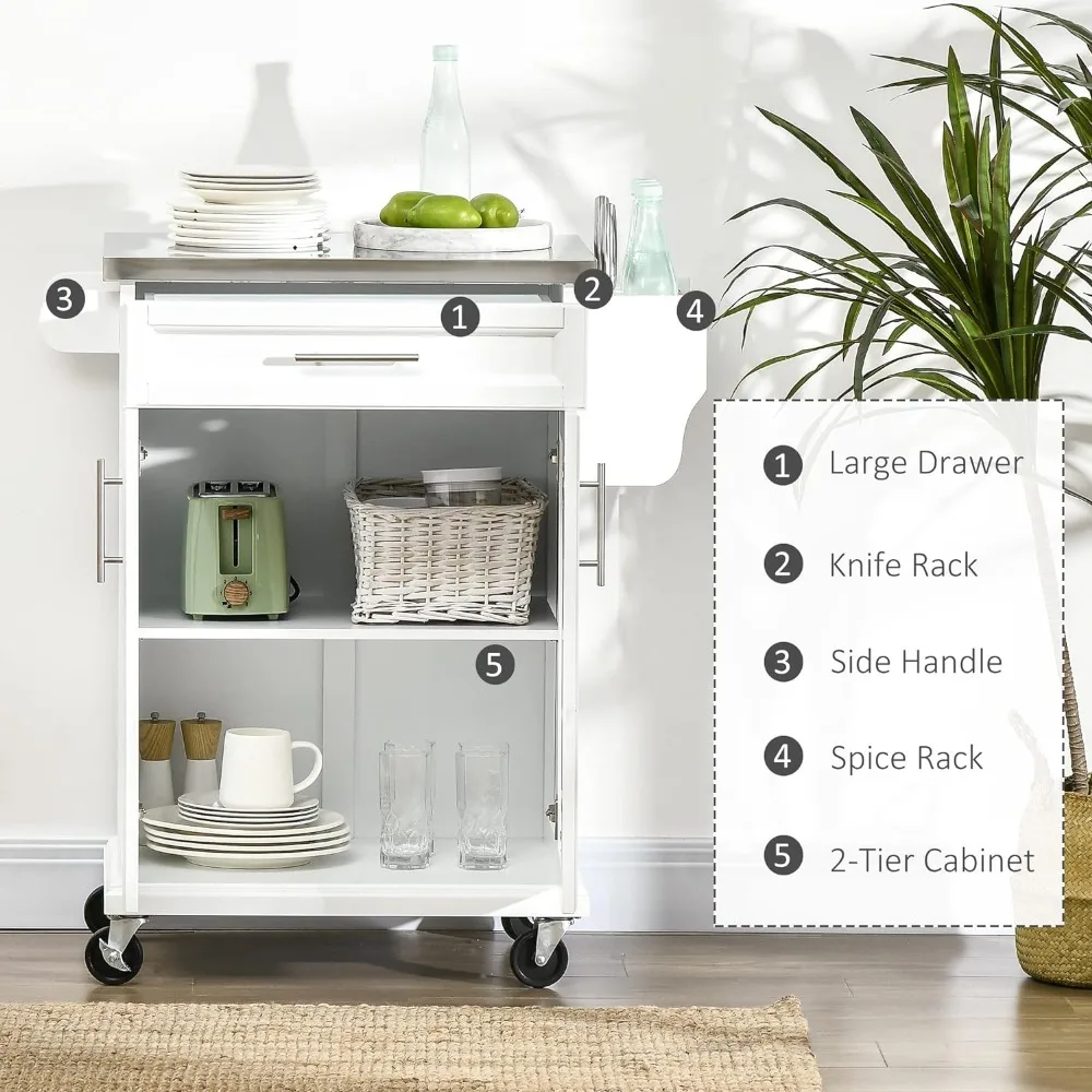 Kitchen Island Cart with Stainless Steel Countertop, Drawer, Towel Rack and Spice Rack, Rolling Kitchen Island Cart