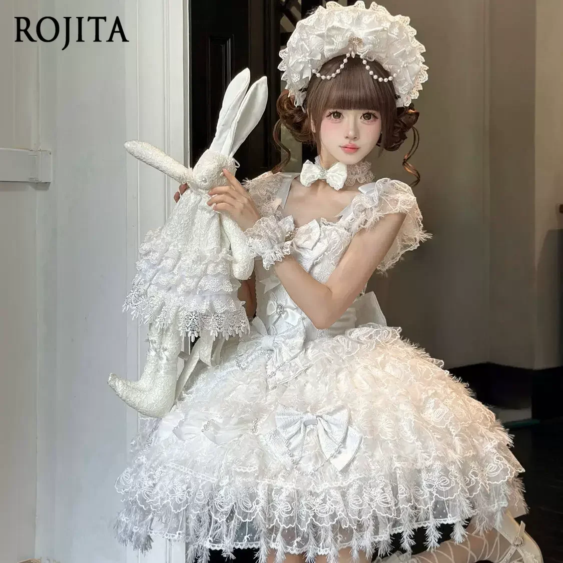 

White Bridal Sweet Lolita Corset Dress, Floral Lace Feather Hem Multi Rhinestone Bows Pearl Chain Decor Puffy Short Princess JSK