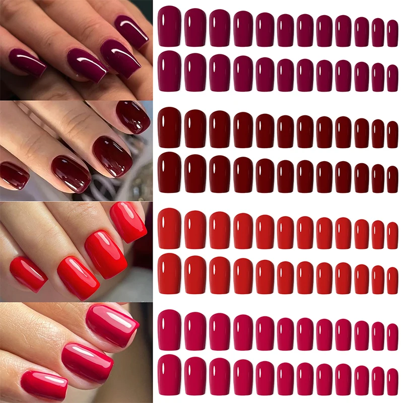 96pcs/box Solid Color Wine Red Fake Nail Mid-length Almond Press On Nails Art Wearable Ballet DIY Manicure Tools Nail French Tip